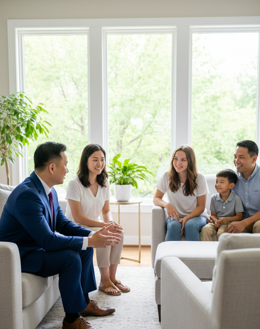 A group of five people talking and smiling in a bright living room with large windows and green trees outside.