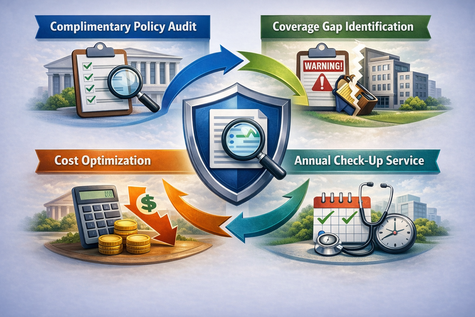 A diagram illustrating a maintenance and inspection cycle for buildings, including steps like policy audit, coverage gap identification, cost optimization, and annual check-up service, with icons of buildings, checklists, a warning sign, a calculator, coins, and medical equipment.