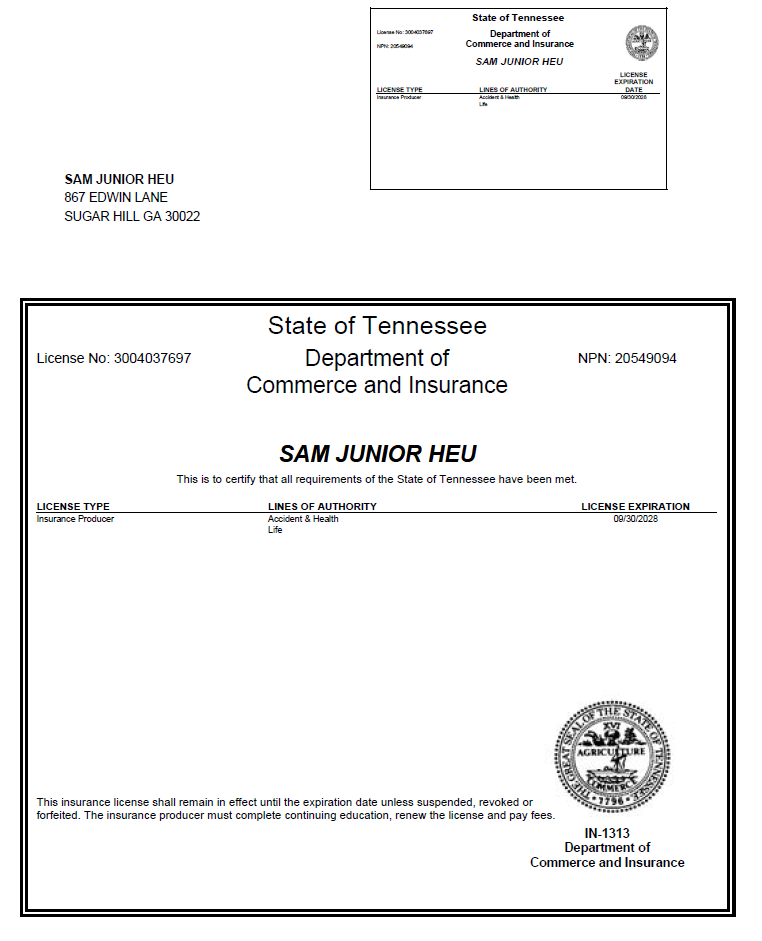 A Tennessee Department of Commerce and Insurance license certificate for Sam Junior Heu, issued for insurance producer in accident and health and life lines, with a license number 3004037697, valid until September 30, 2028. The document includes official seals and an address at the top left.
