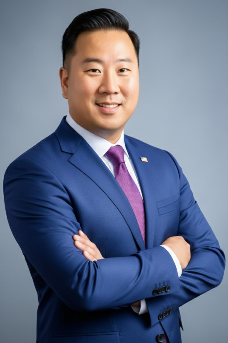 Professional portrait of an Asian man in a blue suit, white shirt, purple tie, with arms crossed, smiling against a gray background.