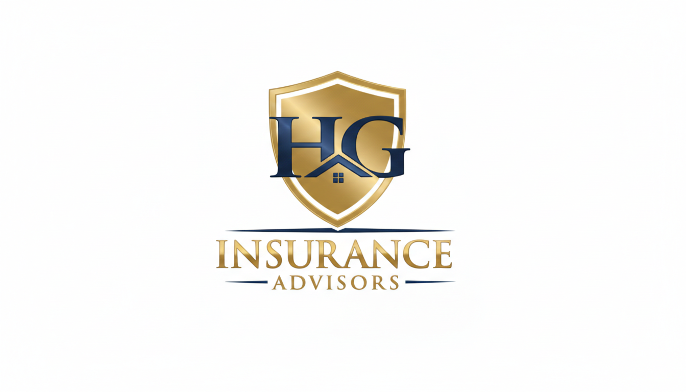 Logo for HG Insurance Advisors featuring a gold shield with initials HG and a small house icon, with the words "Insurance Advisors" below in gold.