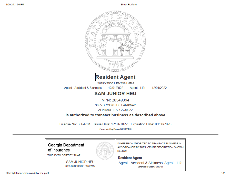 A Georgia insurance license document issued to Sam Junior Heu, authorizing him as a resident agent for accident and sickness insurance. The license includes his name, address, license number, issue date, expiration date, and a seal from the Georgia Department of Insurance.
