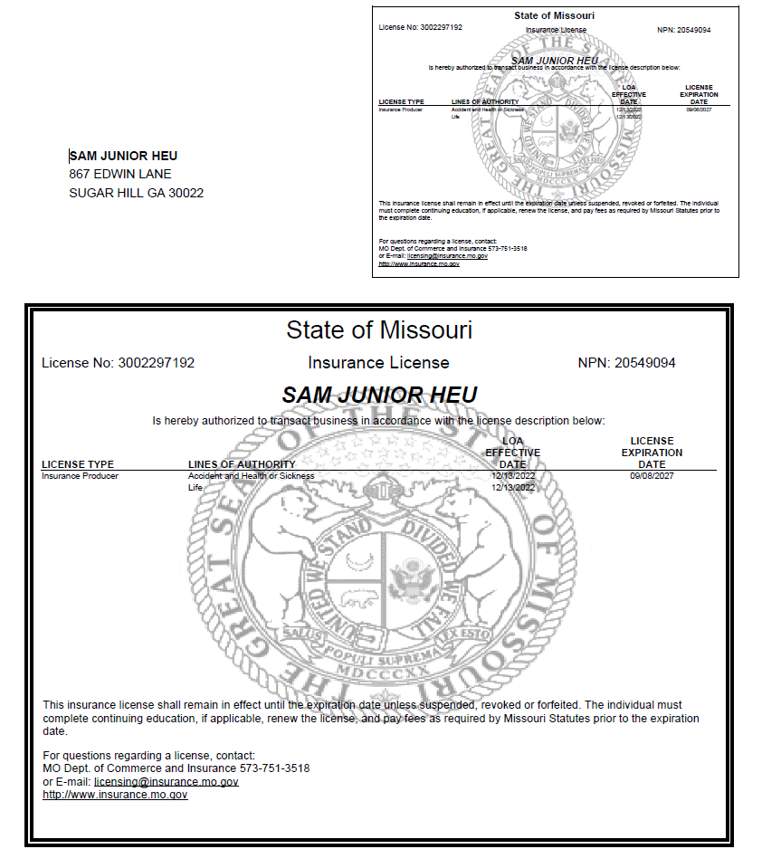 A Missouri insurance license card issued to Sam Junior Heu with details on license number, issue date, and expiration date, featuring the state seal and official text.