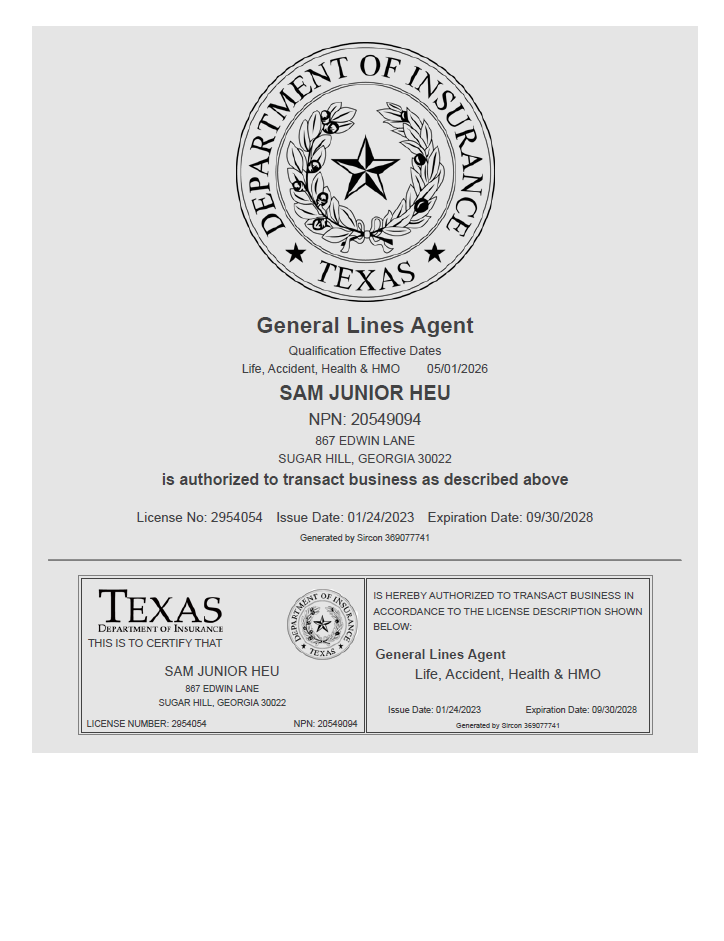 Texas Department of Insurance business license for Sam Junior Heu, a General Lines Agent in Life, Accident, Health, and HMO, issued on January 24, 2023, valid until September 30, 2028.