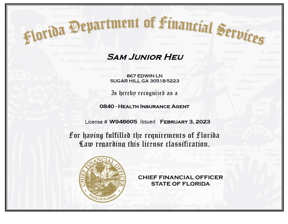 Florida Department of Financial Services license certificate for Sam Junior Heu, issued February 3, 2023, recognizing him as a health insurance agent. Includes license number W948605 and the signature of the Chief Financial Officer of Florida.