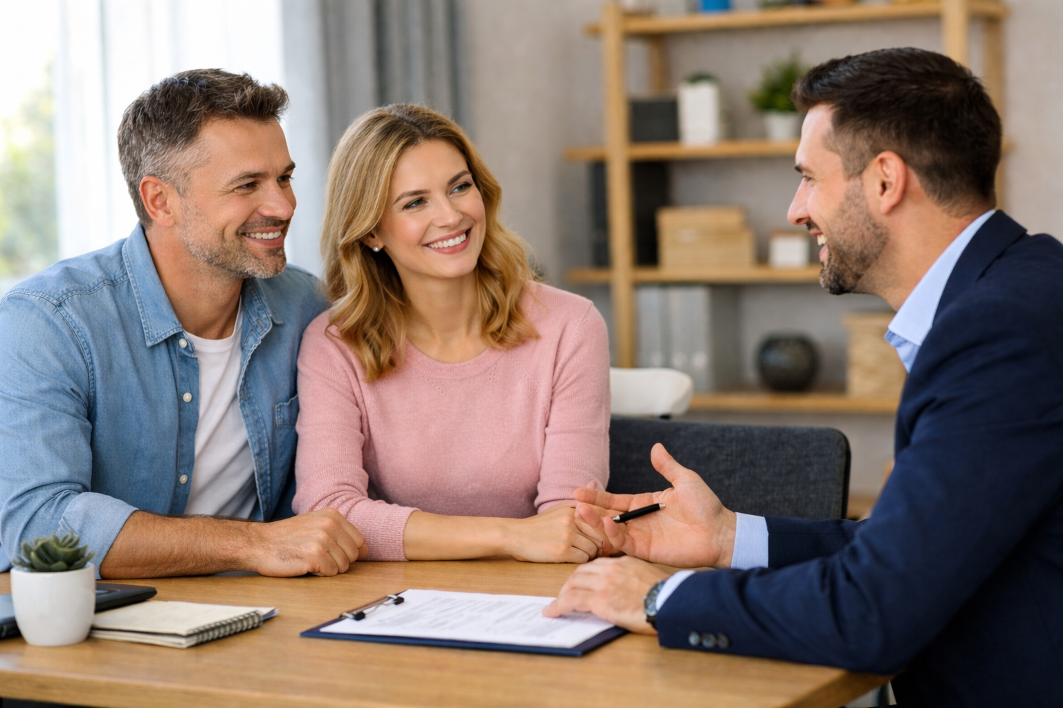 A man and woman talking with a financial advisor at a desk.