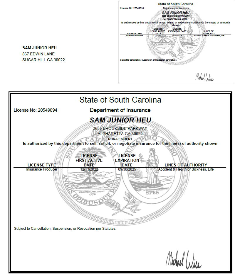 A South Carolina insurance license for Sam Junior Heu with license number 20549094, issued by the Department of Insurance, showing license details, signatures, and a seal.