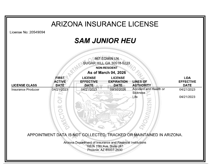 Arizona insurance license document for Sam Junior Heu, issued by the Arizona Department of Insurance and Financial Institutions, with personal and license information.