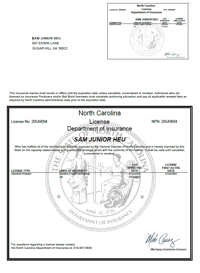 North Carolina vehicle insurance license issued to Sam Junior Heu, with license number 20549094, effective from January 24, 2023, to January 24, 2024, featuring the North Carolina Department of Insurance seal and signatures.