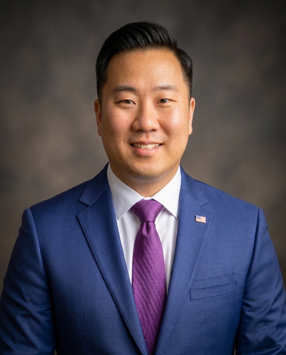 A man in a blue suit, white shirt, and purple tie smiling for a professional headshot, standing against a dark, blurred background.