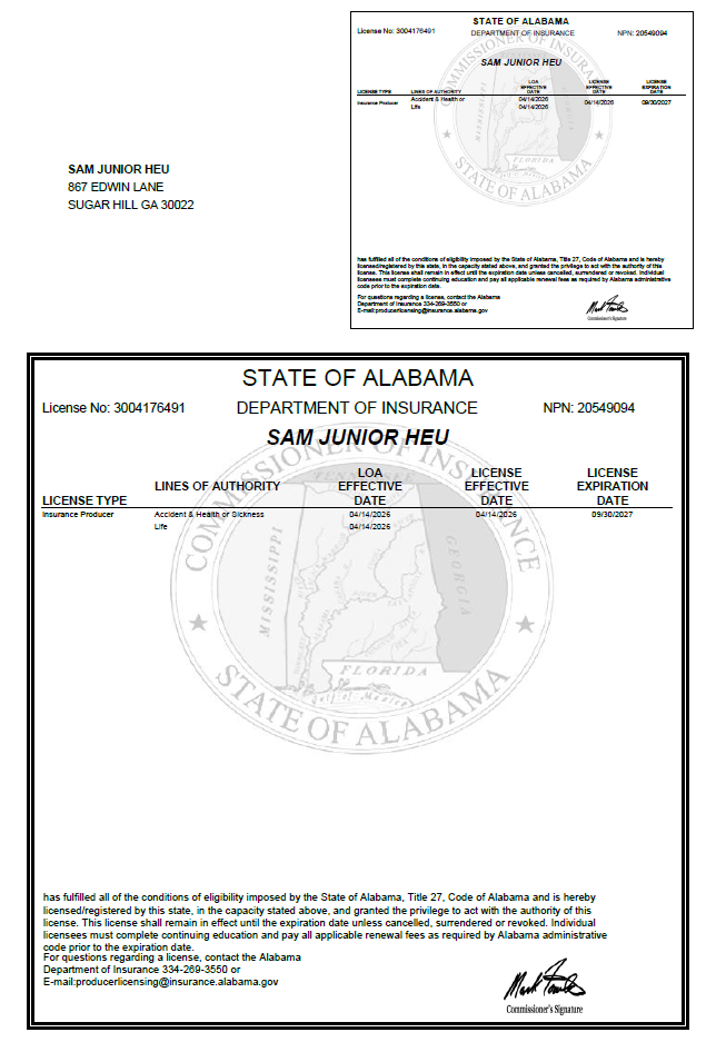 Alabama insurance license document issued to Sam Junior Heu, displaying license number, license type, effective and expiration dates, and states' official seal.