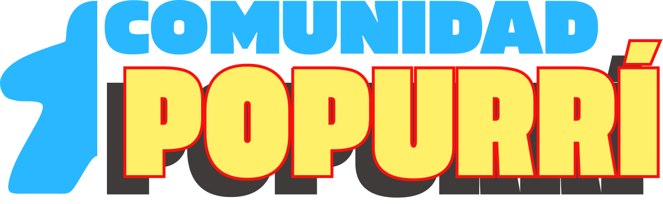 Logo con el texto 'Comunidad Popurrí' en letras grandes y coloridas, con un diseño llamativo.