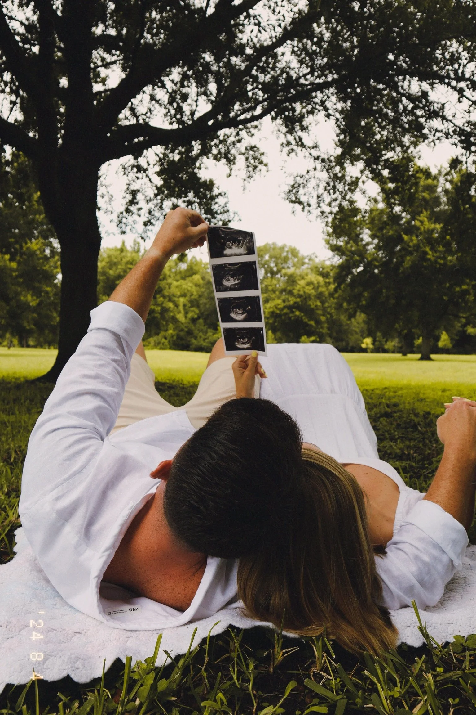 A couple lies on a blanket in a park with trees in the background, looking at ultrasound images, suggesting a pregnancy announcement.