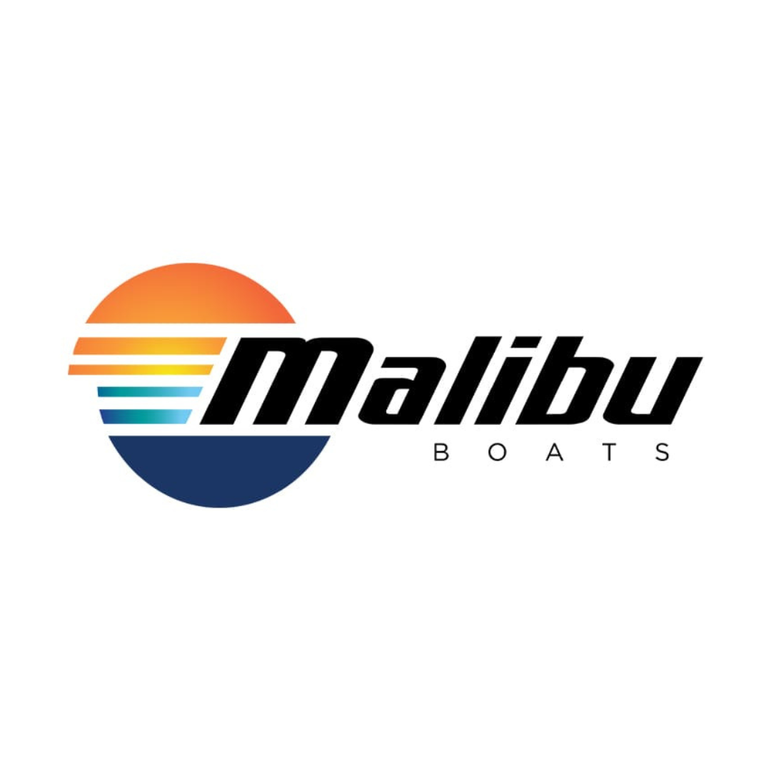 Malibu Boats logo with a stylized sun and ocean waves in a circle, featuring a gradient from orange to blue.