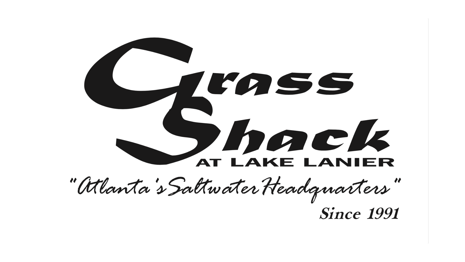 Logo for Grass Shack at Lake Lanier, featuring stylized text and tagline 'Atlanta's Saltwater Headquarters' since 1991.