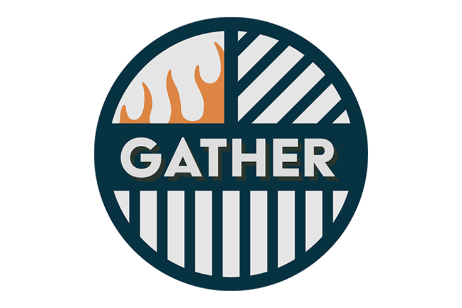 A circular logo with the word 'GATHER' in the center, divided into four sections; one with flames, one with diagonal stripes, one with a pattern of lines, and another with vertical stripes.