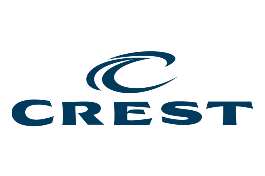 Crest brand logo with stylized wave symbol above the word CREST in bold, dark blue letters