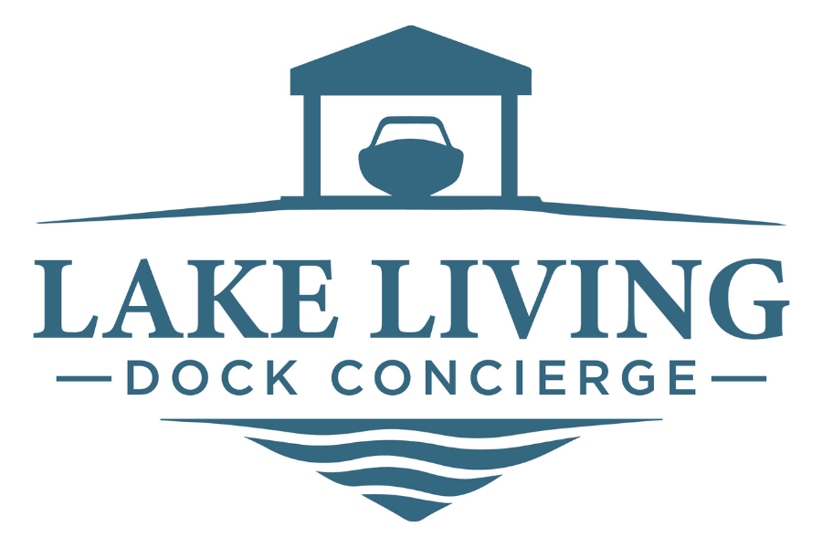 Logo for Lake Living Dock Concierge featuring a boat dock structure with a docked boat, and stylized water beneath.