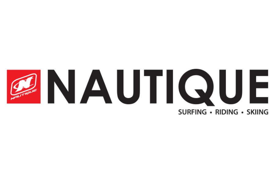 Nautique logo with a red square containing a stylized white wave and the word "NAUTIQUE" in black, advertising surfing, riding, and skiing.
