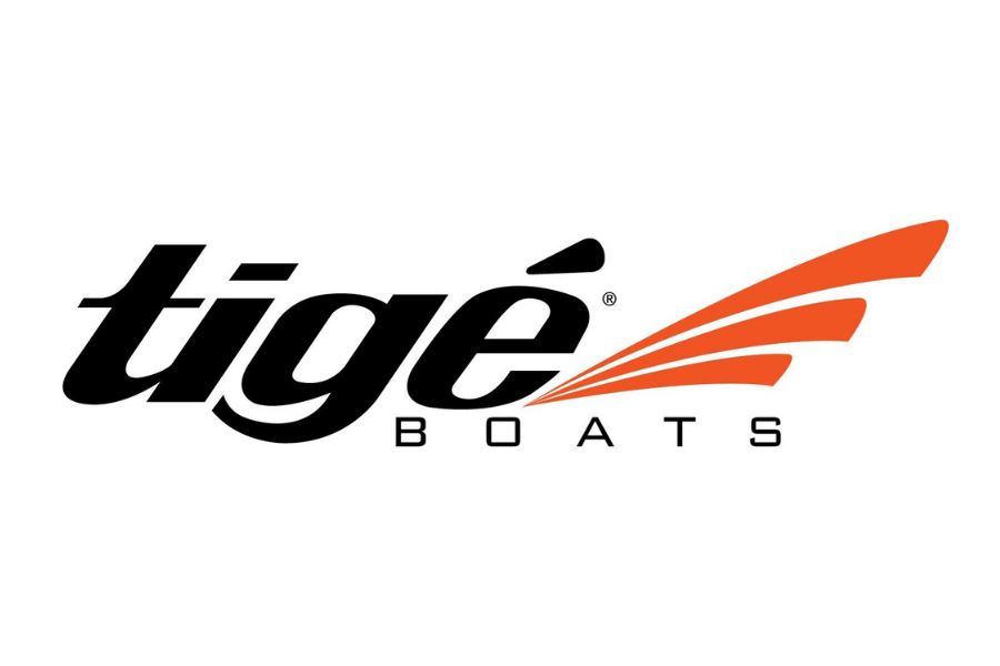 Logo of Tige Boats with black text and orange stylized waves or boat wake design.