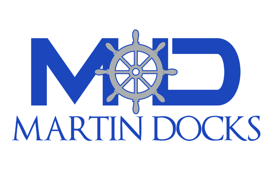 Logo for Martin Docks featuring large blue stylized text 'MD' with a ship's wheel integrated into the 'D', and the words 'MARTIN DOCKS' below in blue.