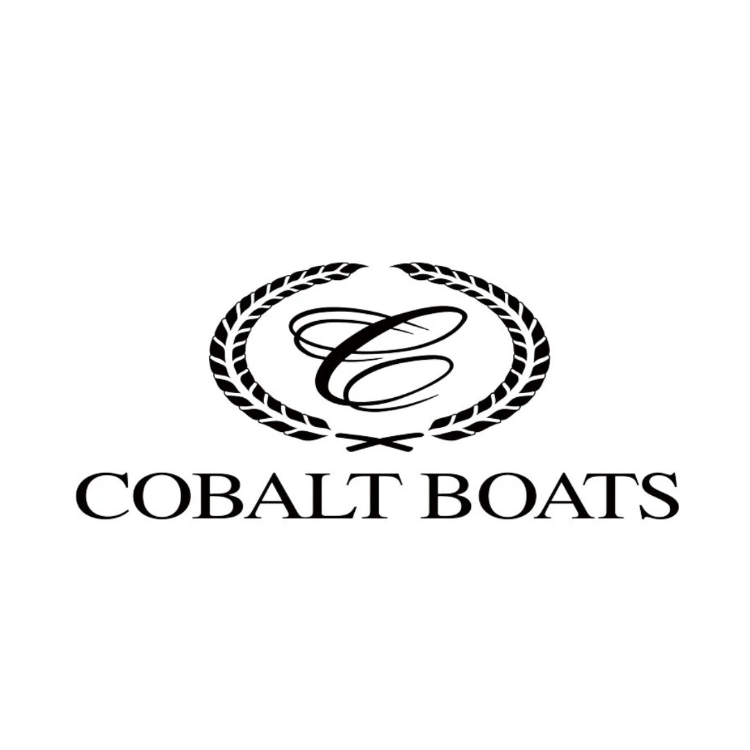 Black and white logo with an ornate letter 'C' enclosed in a laurel wreath, and the text 'COBALT BOATS' below.