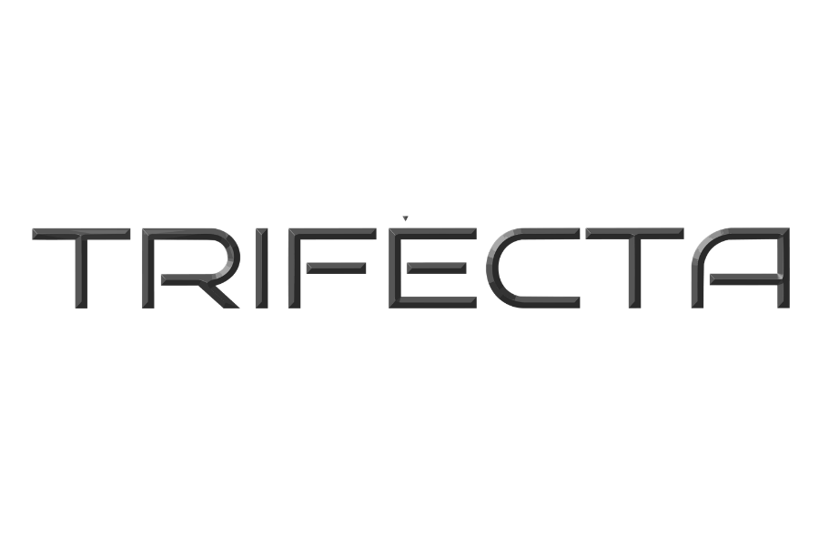 The word 'TRIFECTA' in a sleek, modern black 3D font on a white background.