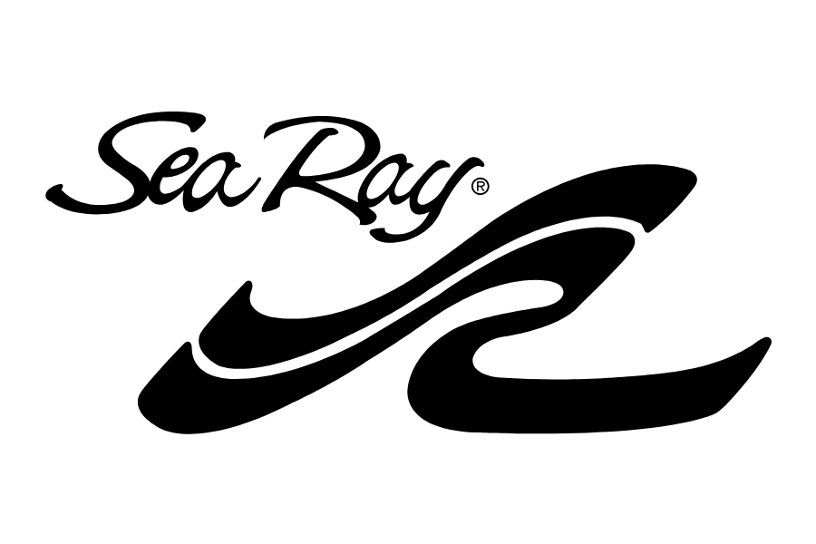 Black and white logo of SeaRay featuring the brand name with stylized waves.