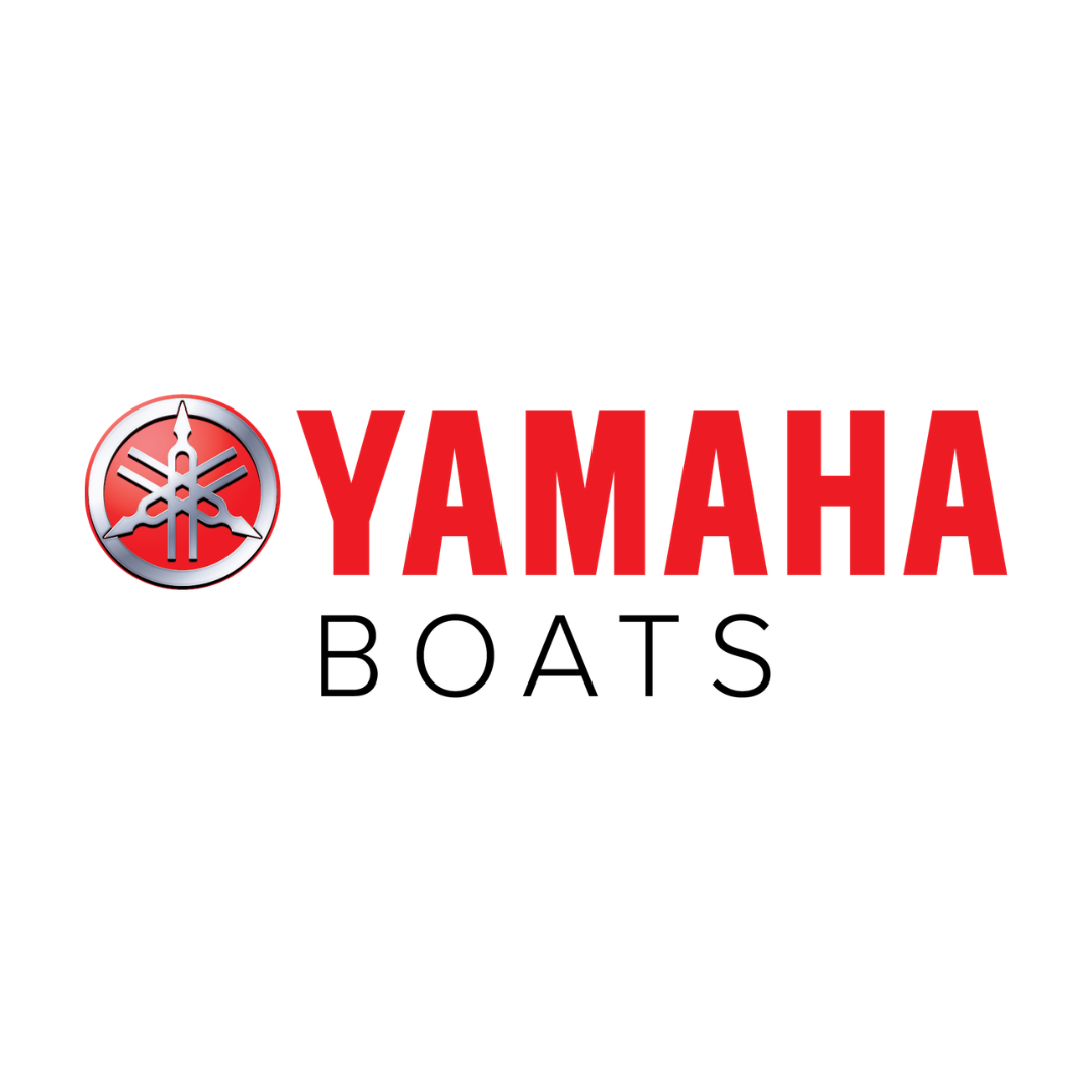 Yamaha Boats logo with red text and a circular emblem featuring a tuning fork and drumsticks.