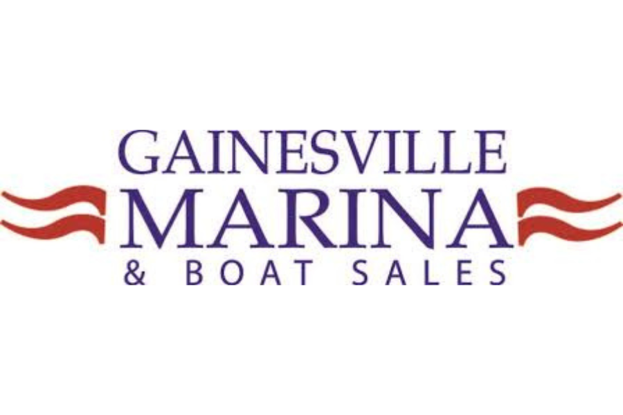 Gainesville Marina & Boat Sales logo with purple text and red wave design elements