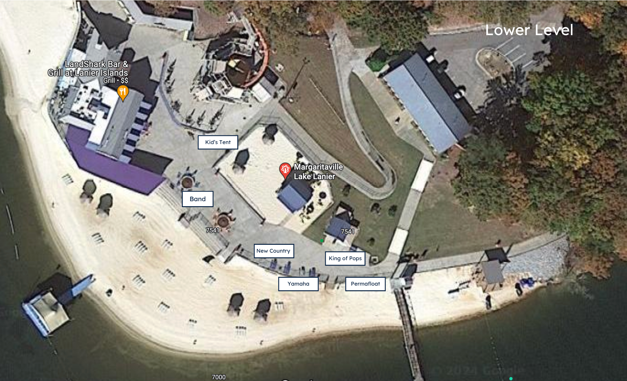 Aerial view of Lake Lanier Boat Show with labeled areas, including a restaurant called LandShark Bar & Grill at Lanier Islands, a kid’s tent, band area, Yamaha, permeafloat, and King of Pops. 