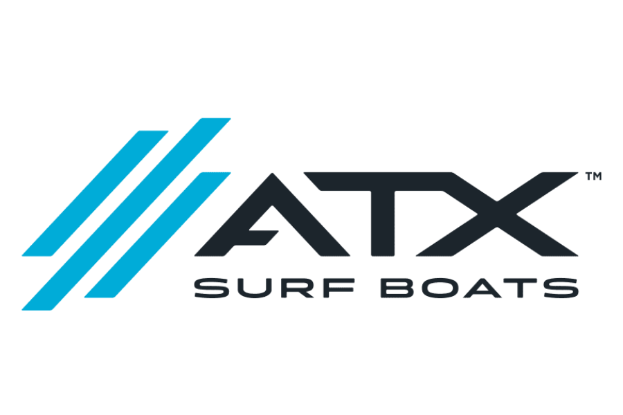 ATX Surf Boats logo with three blue diagonal lines and the text 'ATX SURF BOATS' in black.
