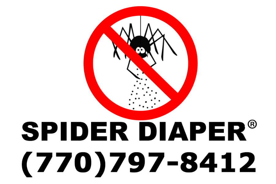 A logo with a black spider under a red circle with a diagonal line, indicating no spiders, and text reading "SPIDER DIAPER (770)799-8412".