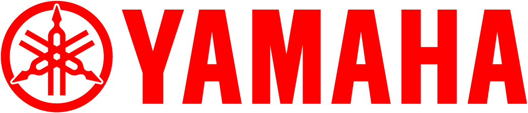 Yamaha logo in red with black background, featuring a tuning fork emblem and the word Yamaha.