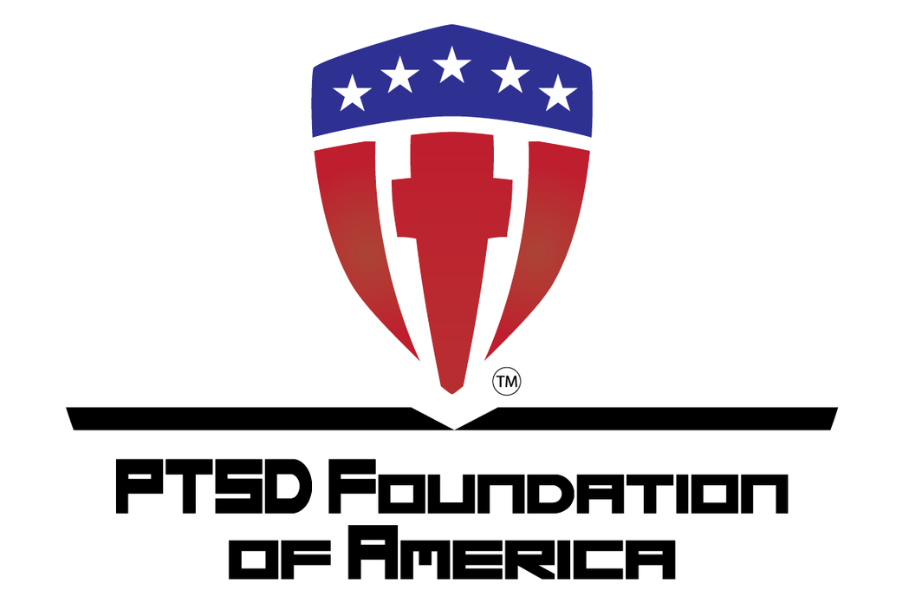 Logo of the PTSD Foundation of America featuring a shield with stars and stripes and the organization's name below