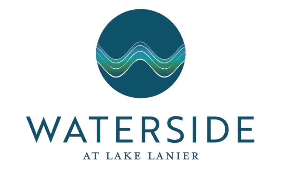Logo for Waterside at Lake Lanier with a circular icon featuring stylized waves above the word 'Waterside' and the text 'at Lake Lanier' below.