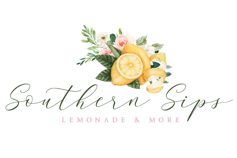 A lemon, lemon slices, and lemon zest surrounded by pink and white flowers and green leaves. The text reads "Southern Sips" in elegant script and "LEMONADE & MORE" in smaller pink letters.