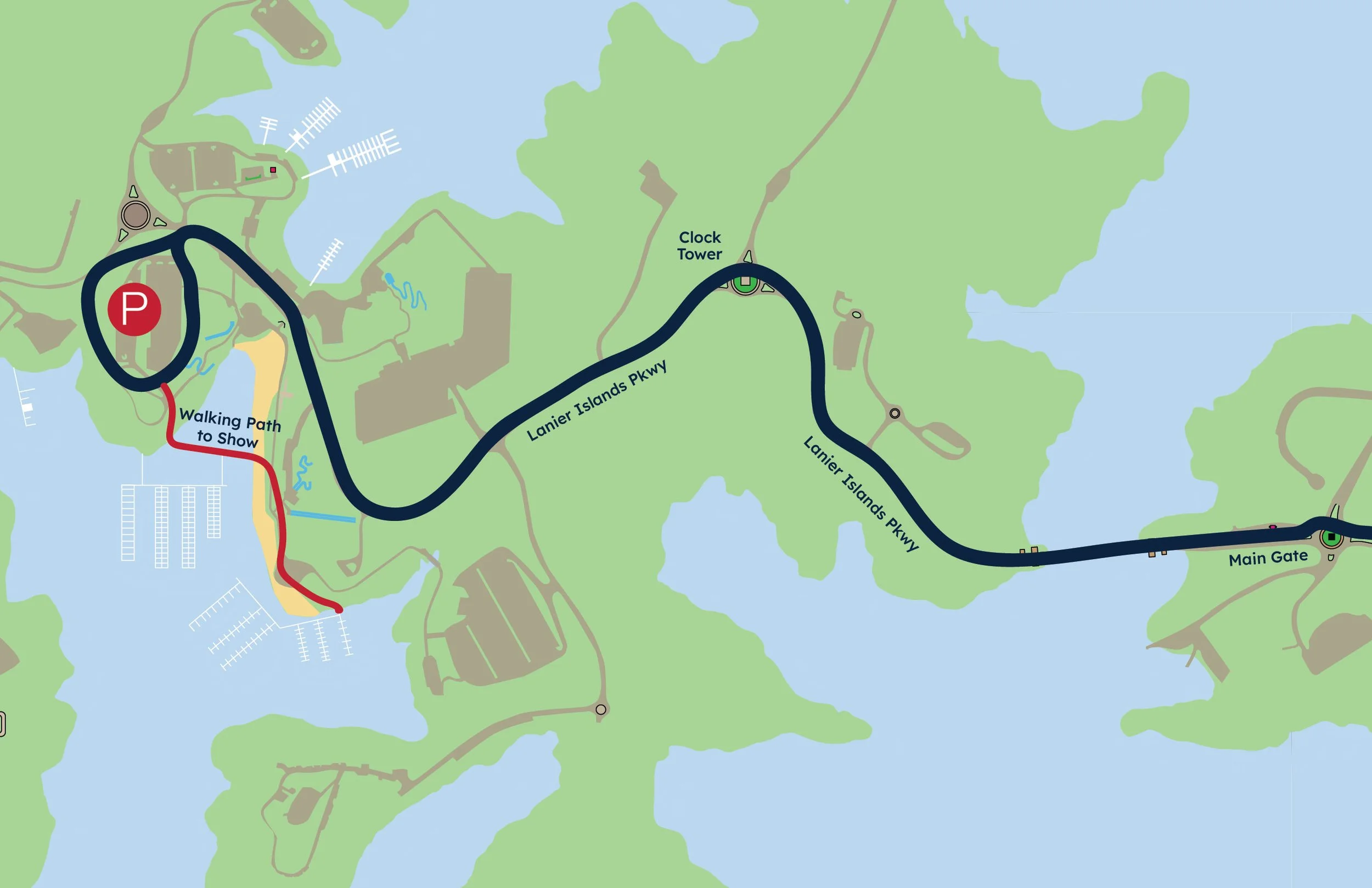 A map of an island with roads, parking areas, a clock tower, and a main gate. There is a walking path marked to a show.