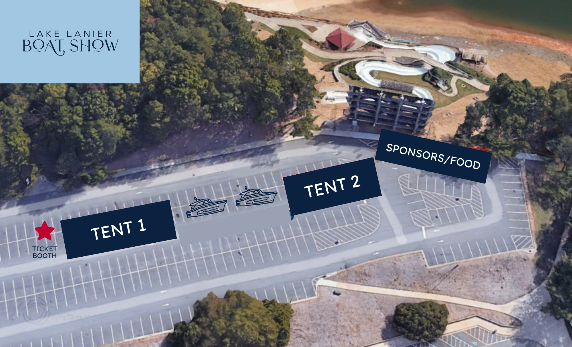 Aerial view of Lake Lanier Boat Show site with tents, parking lot, and a waterfront water park with winding water slides, surrounded by trees.