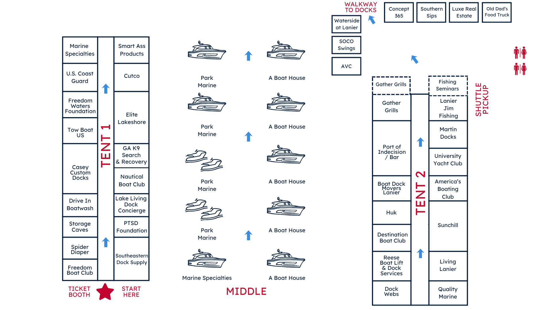Map of a Lake Lanier Boat Show event layout showing three sections with various booths, boat displays, seating areas, and walking paths, including labels for docks, concession, and amenities.