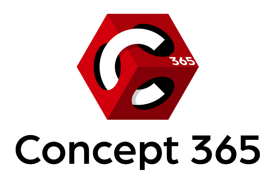 A logo featuring a red hexagon with a stylized white and black letter 'C' and the number '365'. Below the hexagon, the text 'Concept 365' is written in black.