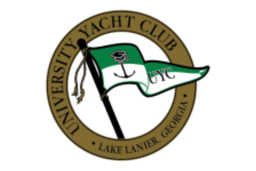 Logo of the University Yacht Club at Lake Lanier, Georgia, featuring a smiling cartoon flag with a face and a graduation cap.