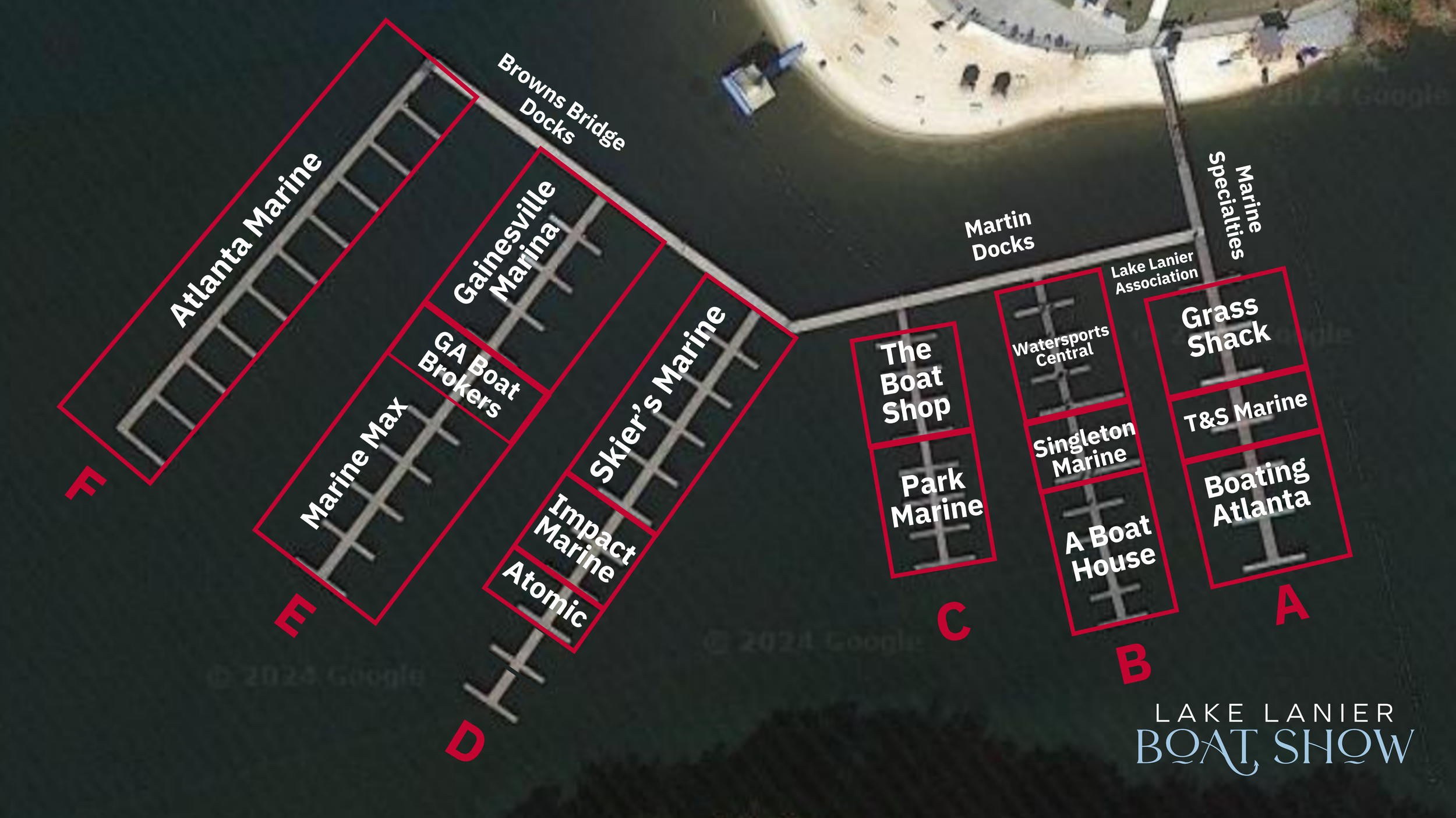 A map of Lake Lanier with docks and marinas labeled, including Atlanta Marine, Gainsville Marina, and Martin Docks, with outlined areas labeled A through E, and other features like The Boat Shop, Grass Shack, and T&S Marine.