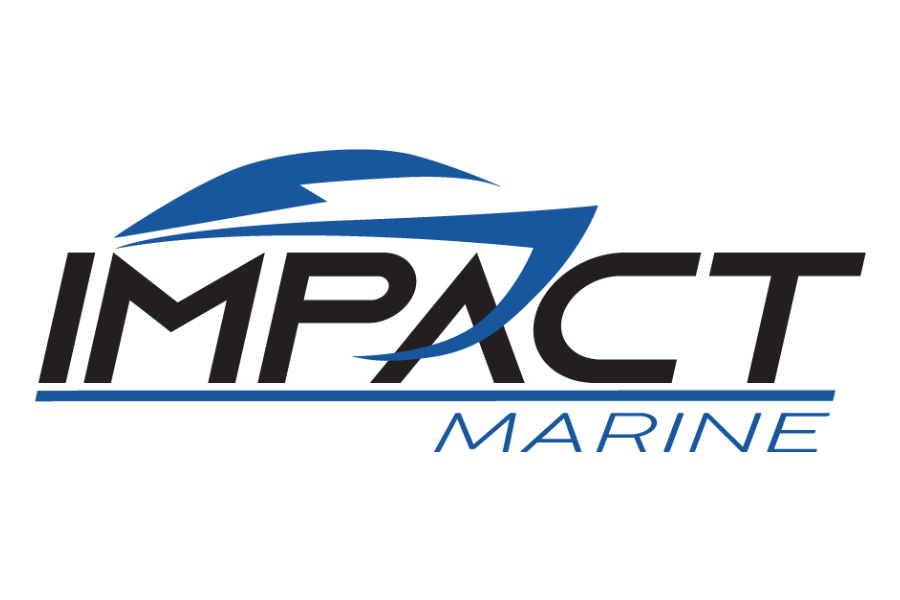 Logo for Impact Marine with stylized blue wave design and bold black and blue text.