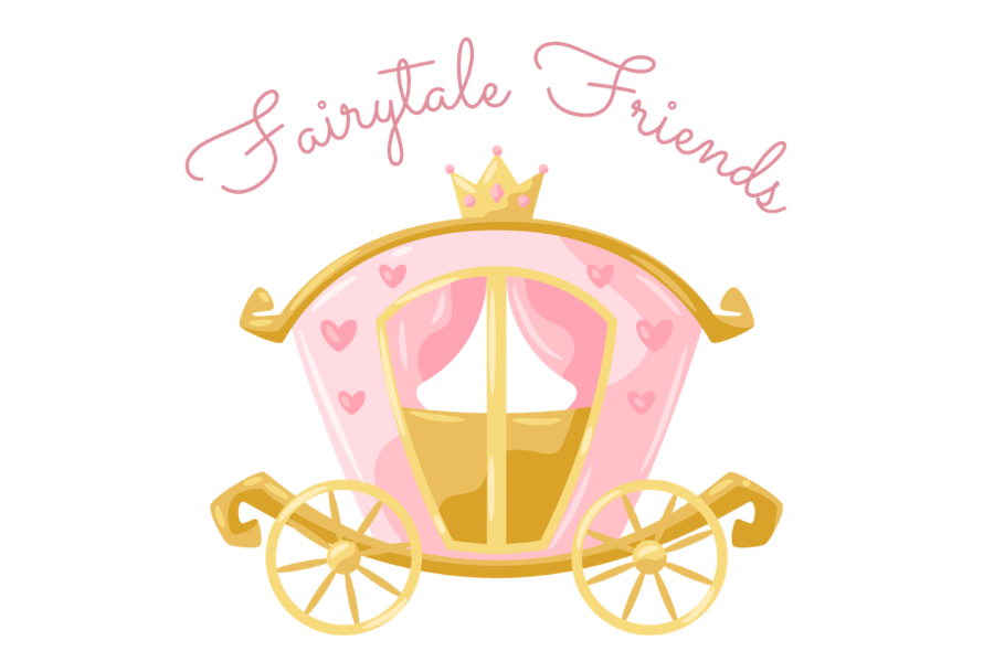 A pink and gold fairy tale carriage with pink hearts and a small crown on top, with the words 'Fairytale Friends' written above in pink script.