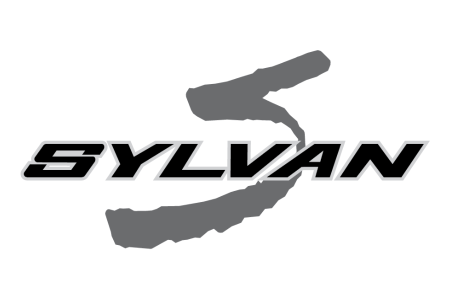 The logo for Sylvan with stylized text and a torn paper design in black and gray.