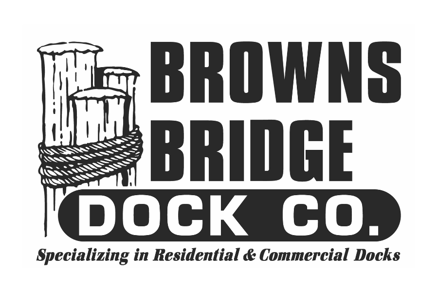 Logo for Browns Bridge Dock Company featuring a drawing of wooden pilings tied with rope, with bold text highlighting the company name and a tagline about residential and commercial docks.