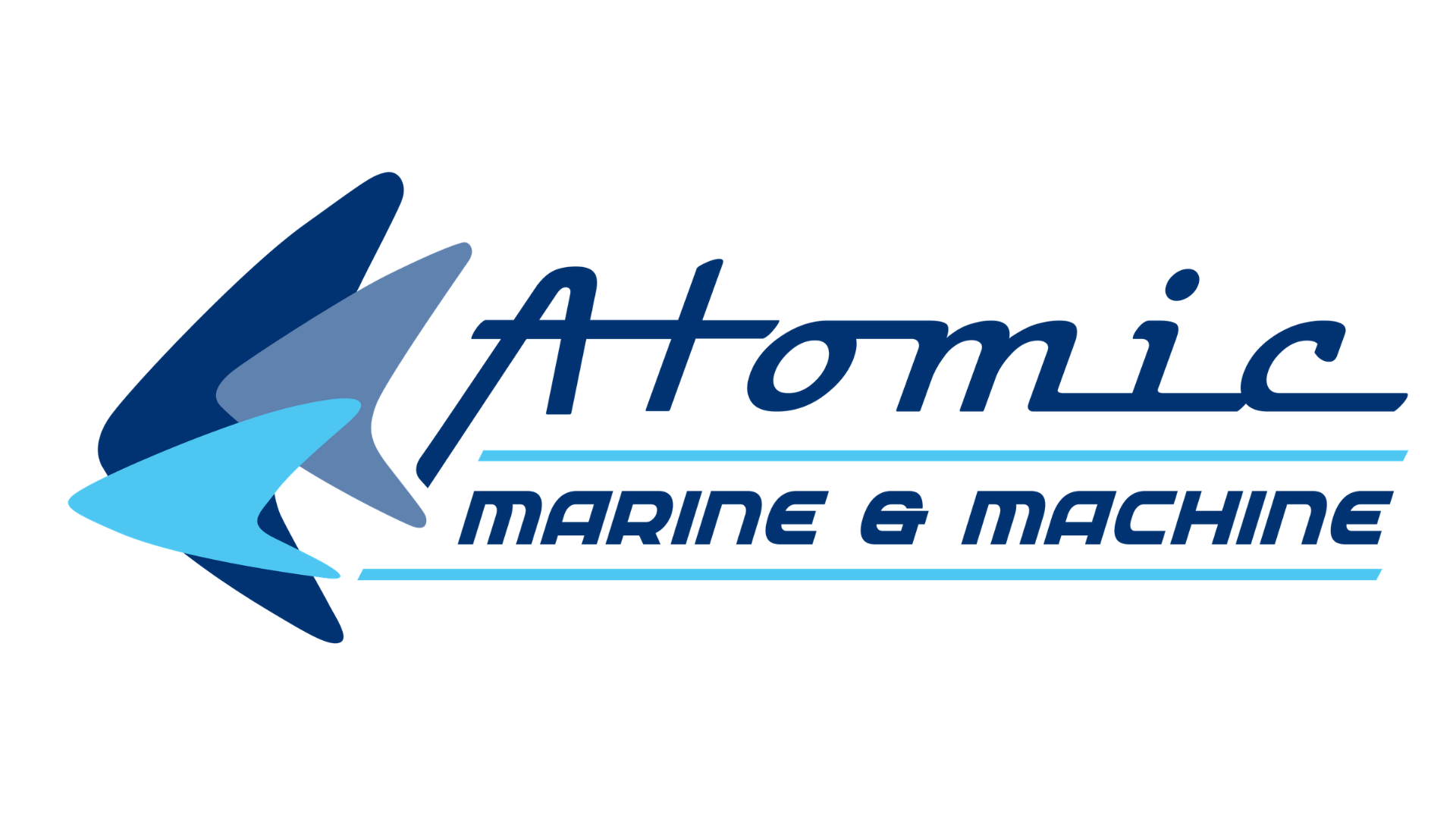 Logo of Atomic Marine & Machine featuring stylized fish in shades of blue with the company name in bold blue letters.