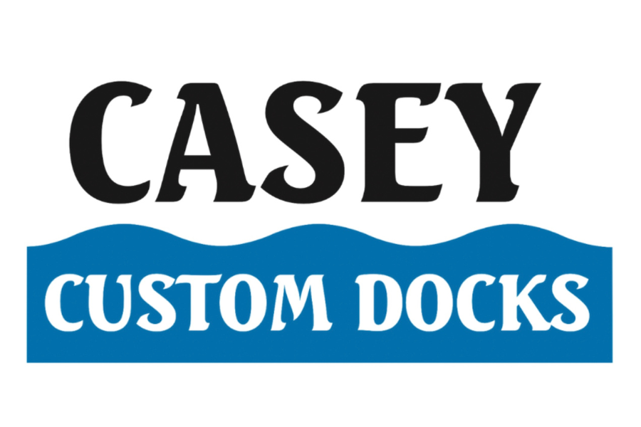 Logo for Casey Custom Docks with bold black text for 'Casey' and blue text for 'Custom Docks' beneath a wave-like design.