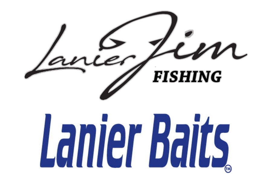 Logo for Lanier Jim Fishing with the text 'Lanier Baits' in blue.